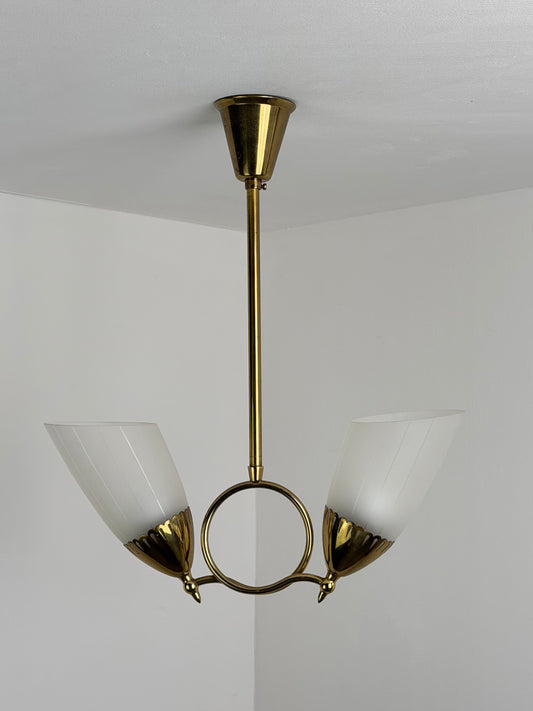 Swedish Grace Brass and Opaline Glass Two-Light Chandelier, Scandinavia, 1940s Chandeliers
