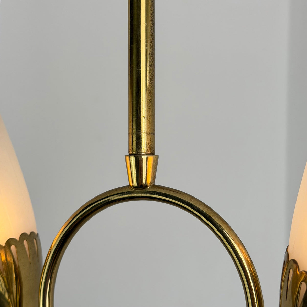 Swedish Grace Brass and Opaline Glass Two-Light Chandelier, Scandinavia, 1940s Chandeliers