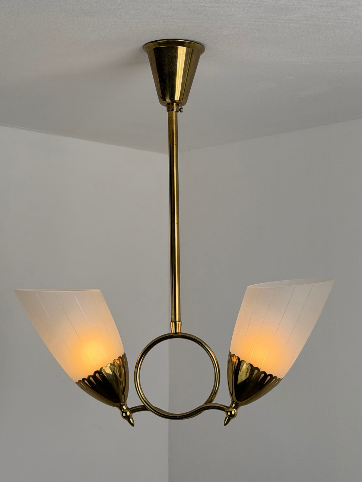 Swedish Grace Brass and Opaline Glass Two-Light Chandelier, Scandinavia, 1940s Chandeliers