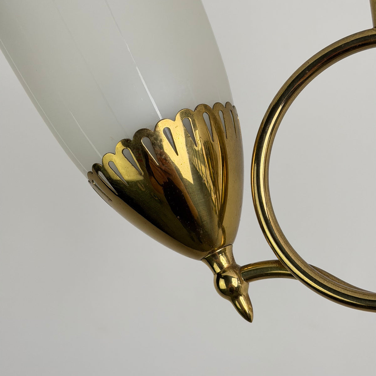 Swedish Grace Brass and Opaline Glass Two-Light Chandelier, Scandinavia, 1940s Chandeliers