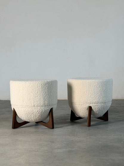 "TOTEMO" Architectural Stools by FORME in Ivory Dedar Boucle, Mahogany Legs Stools