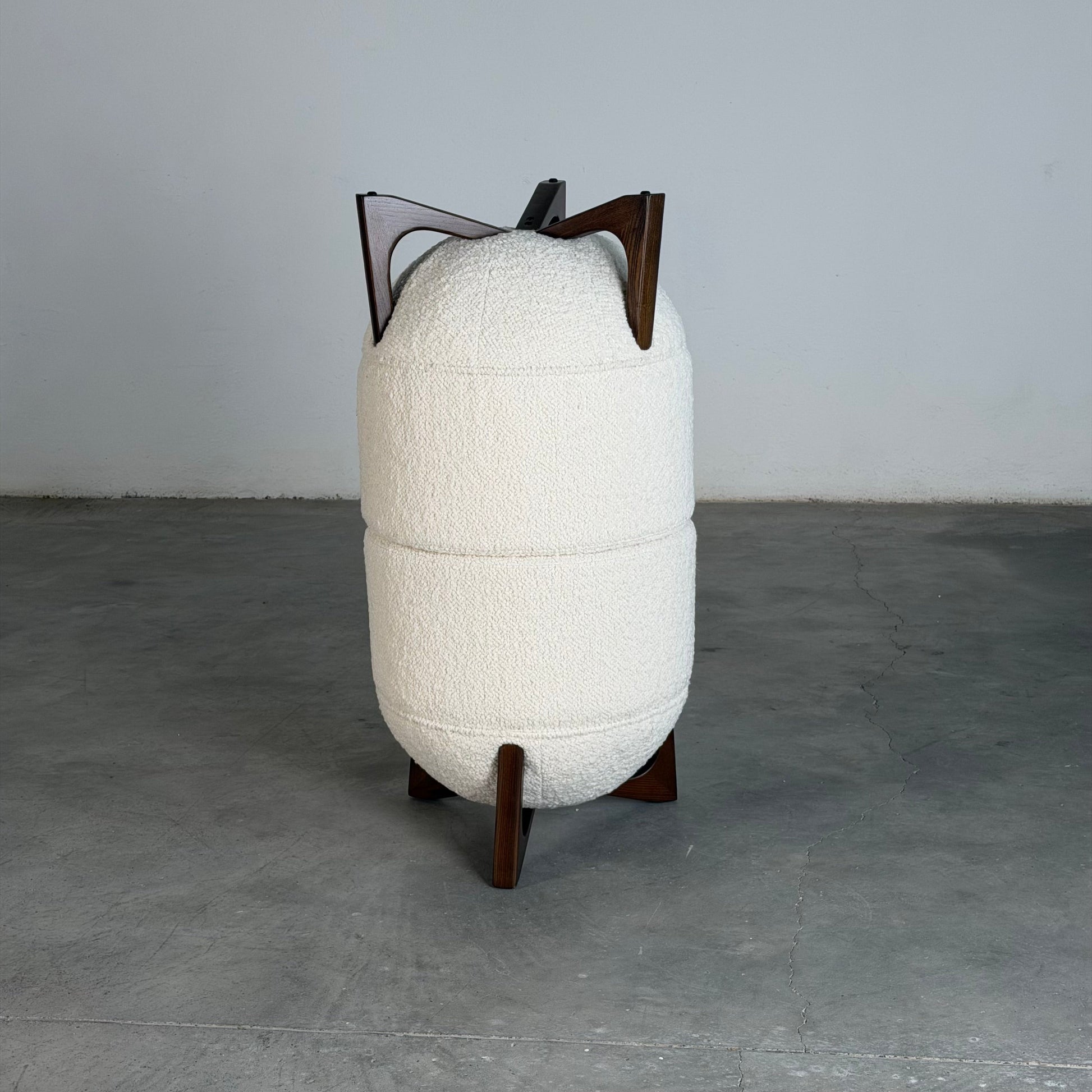 "TOTEMO" Architectural Stools by FORME in Ivory Dedar Boucle, Mahogany Legs Stools