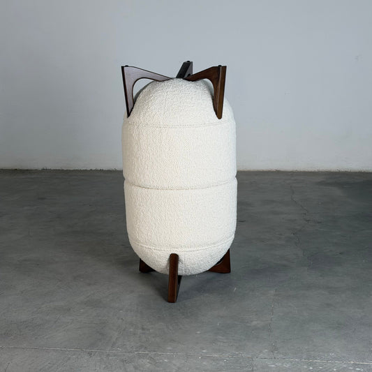"TOTEMO" Architectural Stools by FORME in Ivory Dedar Boucle, Mahogany Legs Stools