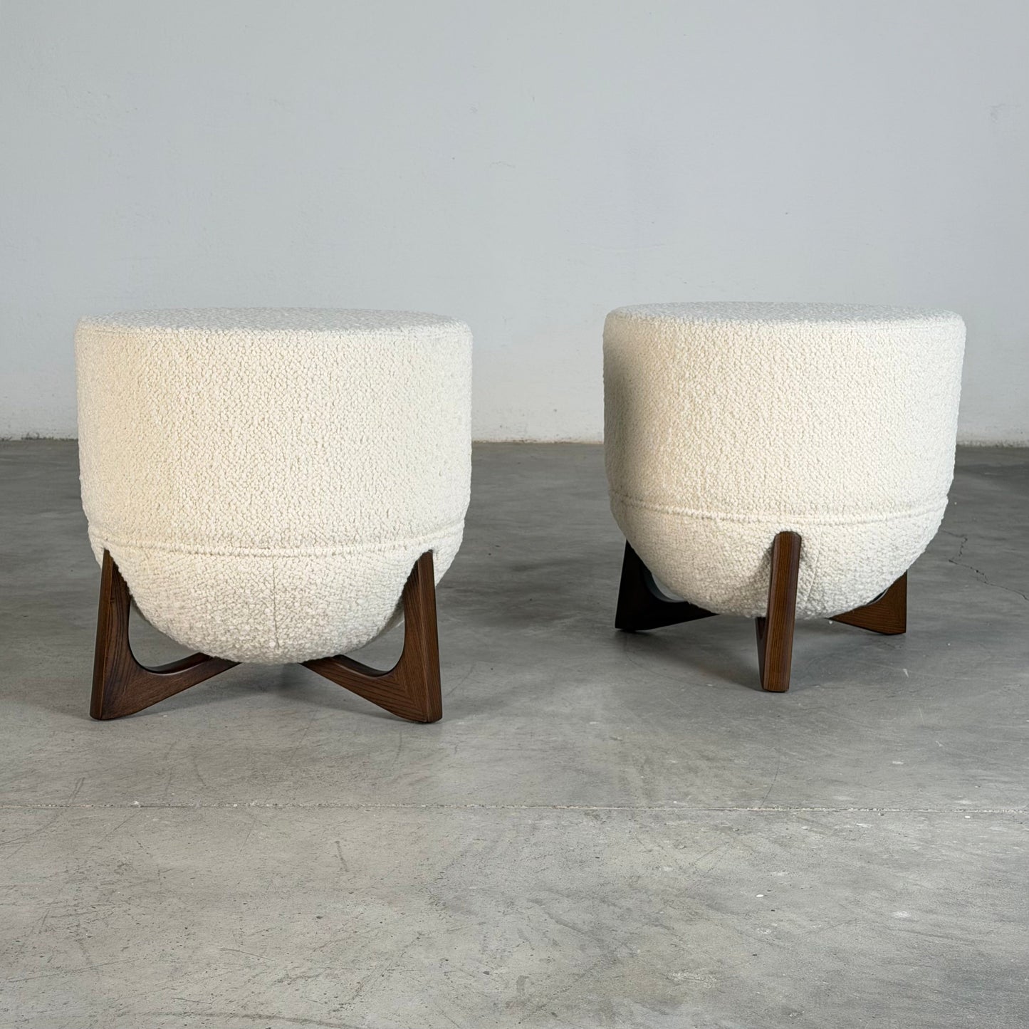 "TOTEMO" Architectural Stools by FORME in Ivory Dedar Boucle, Mahogany Legs Stools