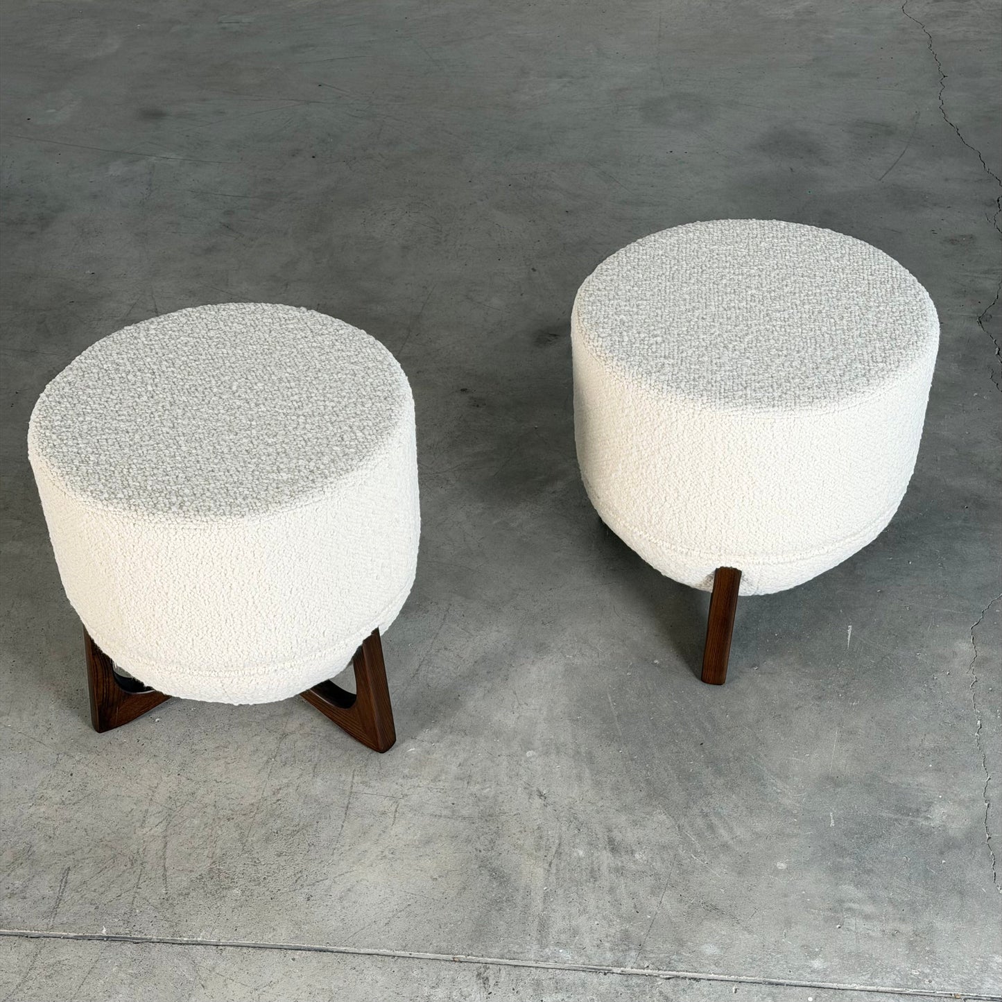 "TOTEMO" Architectural Stools by FORME in Ivory Dedar Boucle, Mahogany Legs Stools