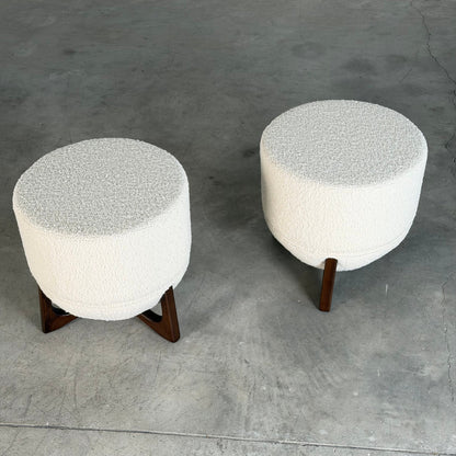 "TOTEMO" Architectural Stools by FORME in Ivory Dedar Boucle, Mahogany Legs Stools