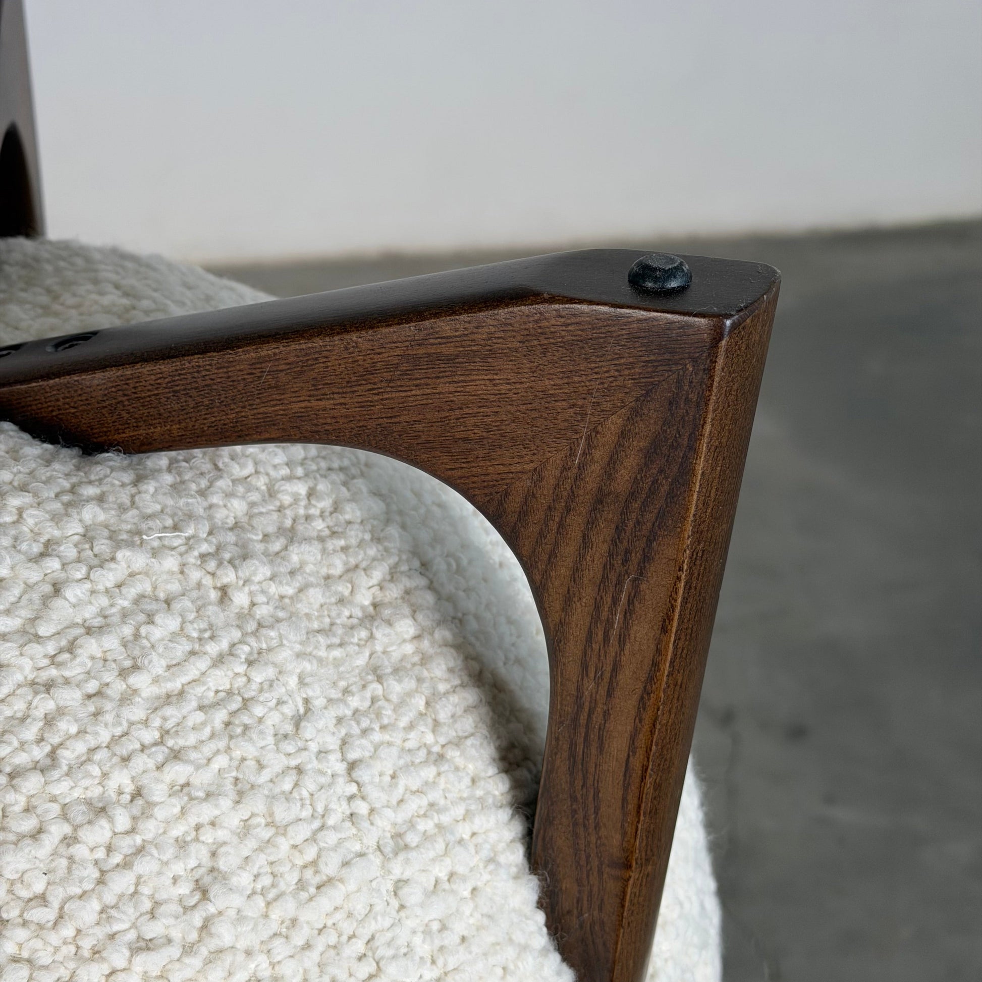 "TOTEMO" Architectural Stools by FORME in Ivory Dedar Boucle, Mahogany Legs Stools