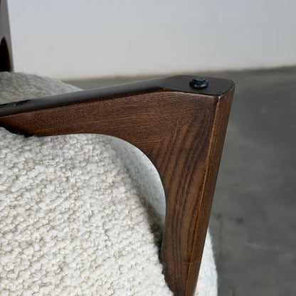 "TOTEMO" Architectural Stools by FORME in Ivory Dedar Boucle, Mahogany Legs Stools