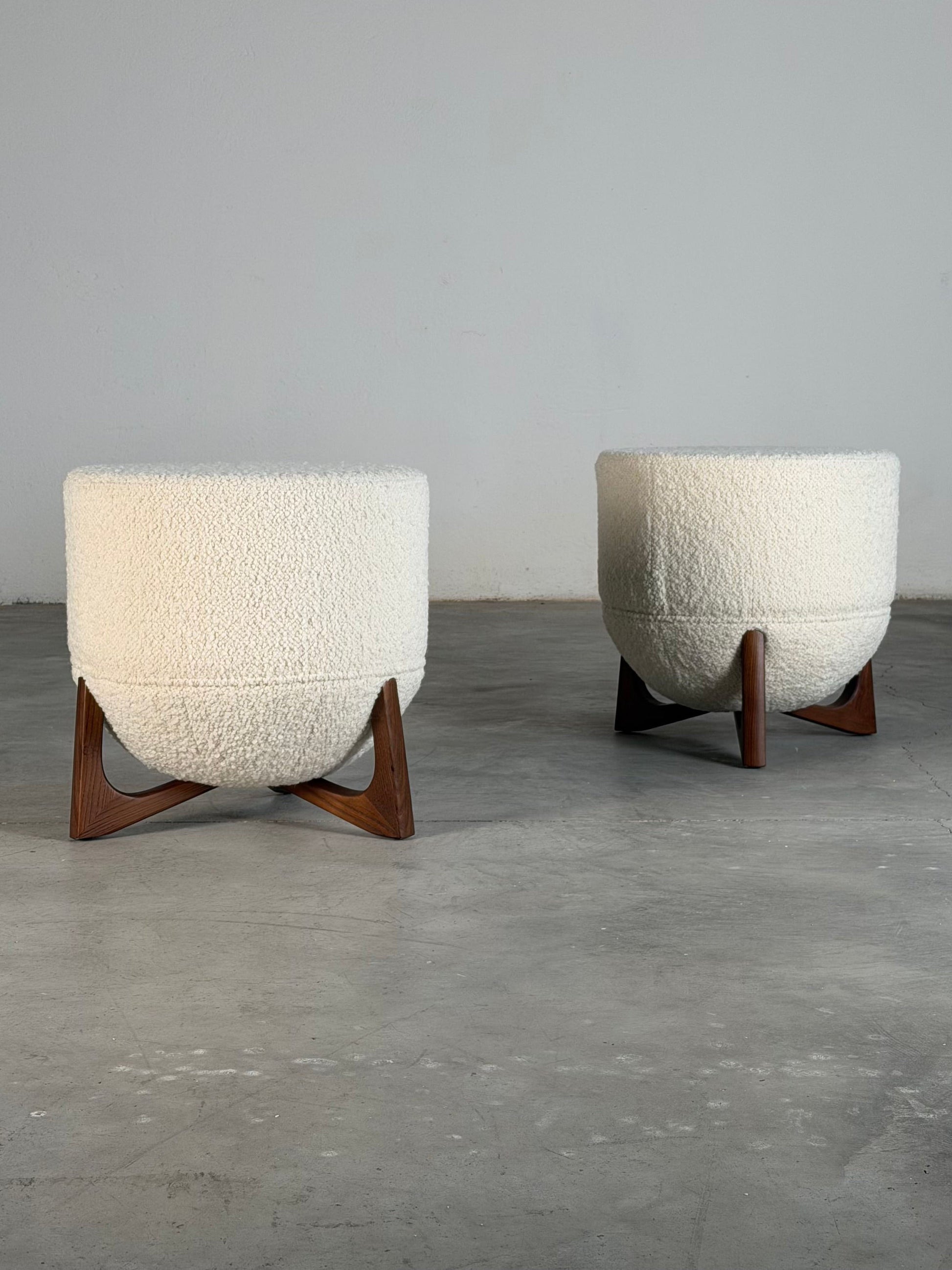 "TOTEMO" Architectural Stools by FORME in Ivory Dedar Milano Boucle, Walnut Legs Stools