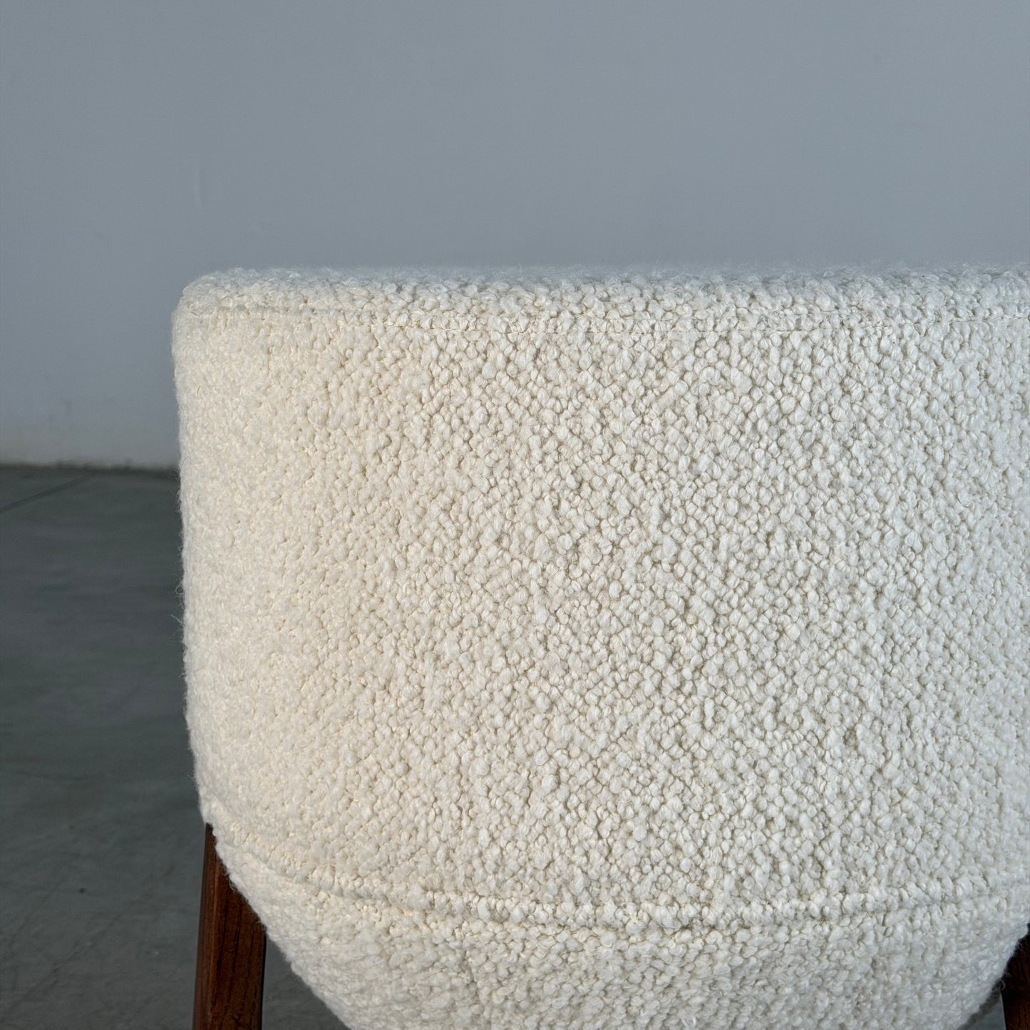 "TOTEMO" Architectural Stools by FORME in Ivory Dedar Milano Boucle, Walnut Legs Stools