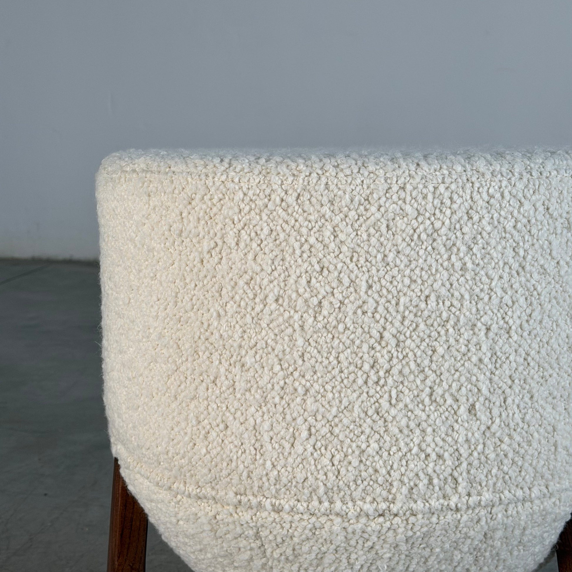 "TOTEMO" Architectural Stools by FORME in Ivory Dedar Milano Boucle, Walnut Legs Stools