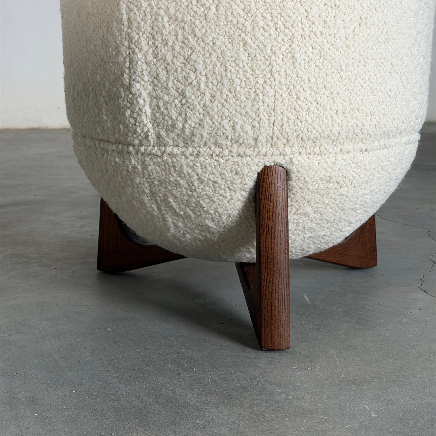 "TOTEMO" Architectural Stools by FORME in Ivory Dedar Milano Boucle, Walnut Legs Stools