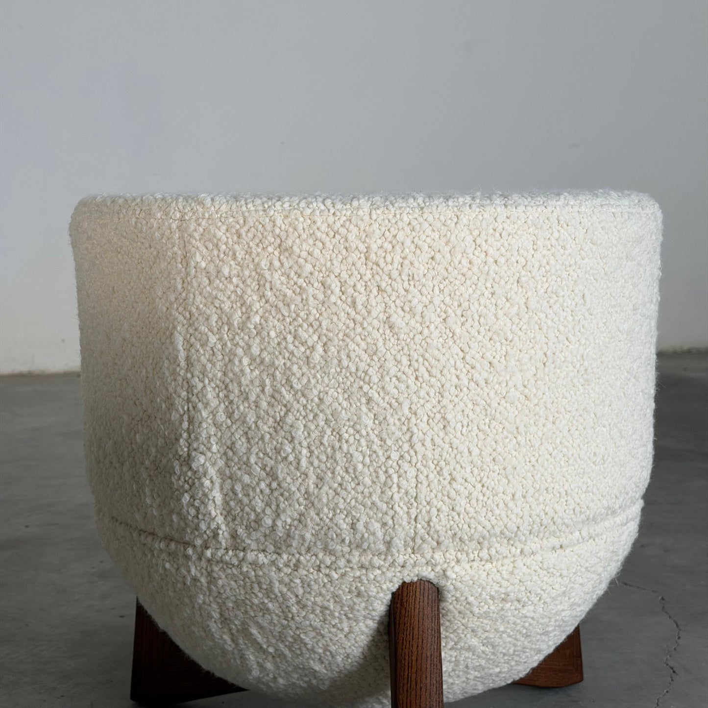 "TOTEMO" Architectural Stools by FORME in Ivory Dedar Milano Boucle, Walnut Legs Stools