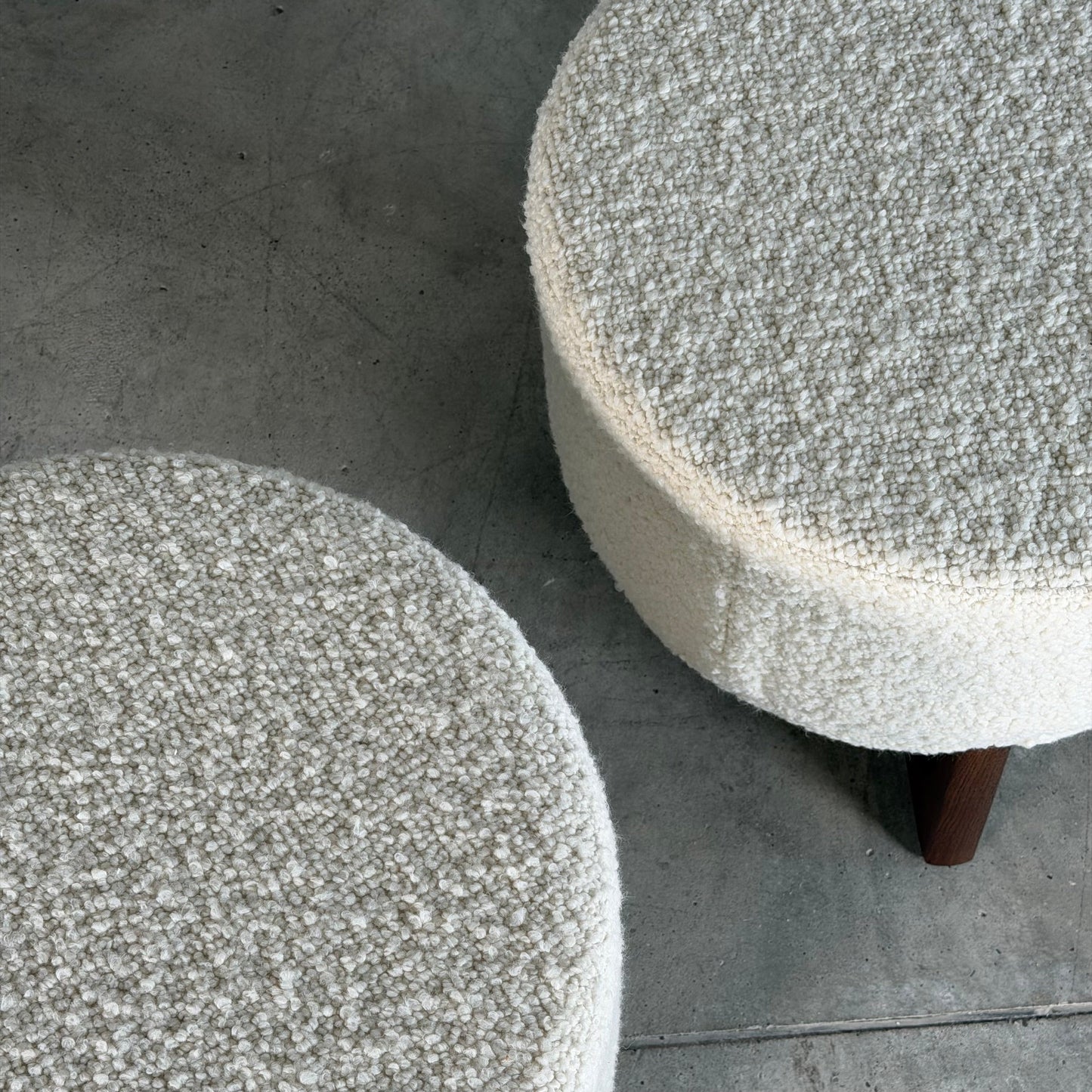 "TOTEMO" Architectural Stools by FORME in Ivory Dedar Milano Boucle, Walnut Legs Stools