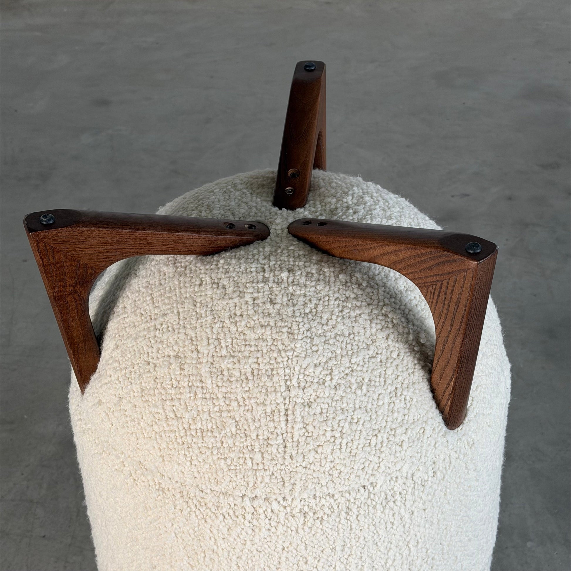 "TOTEMO" Architectural Stools by FORME in Ivory Dedar Milano Boucle, Walnut Legs Stools
