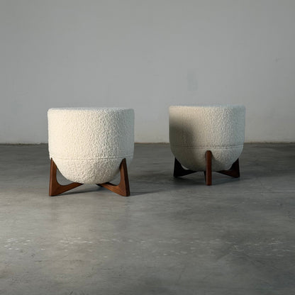 "TOTEMO" Architectural Stools by FORME in Ivory Dedar Milano Boucle, Walnut Legs Stools