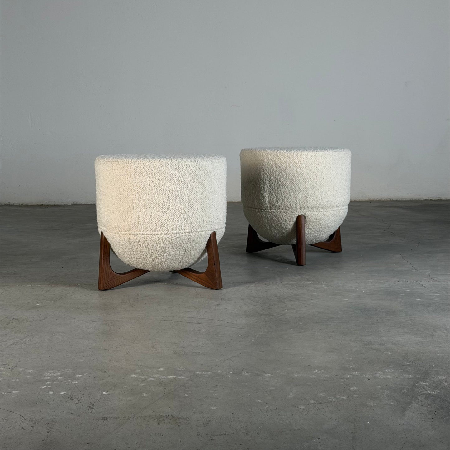 "TOTEMO" Architectural Stools by FORME in Ivory Dedar Milano Boucle, Walnut Legs Stools