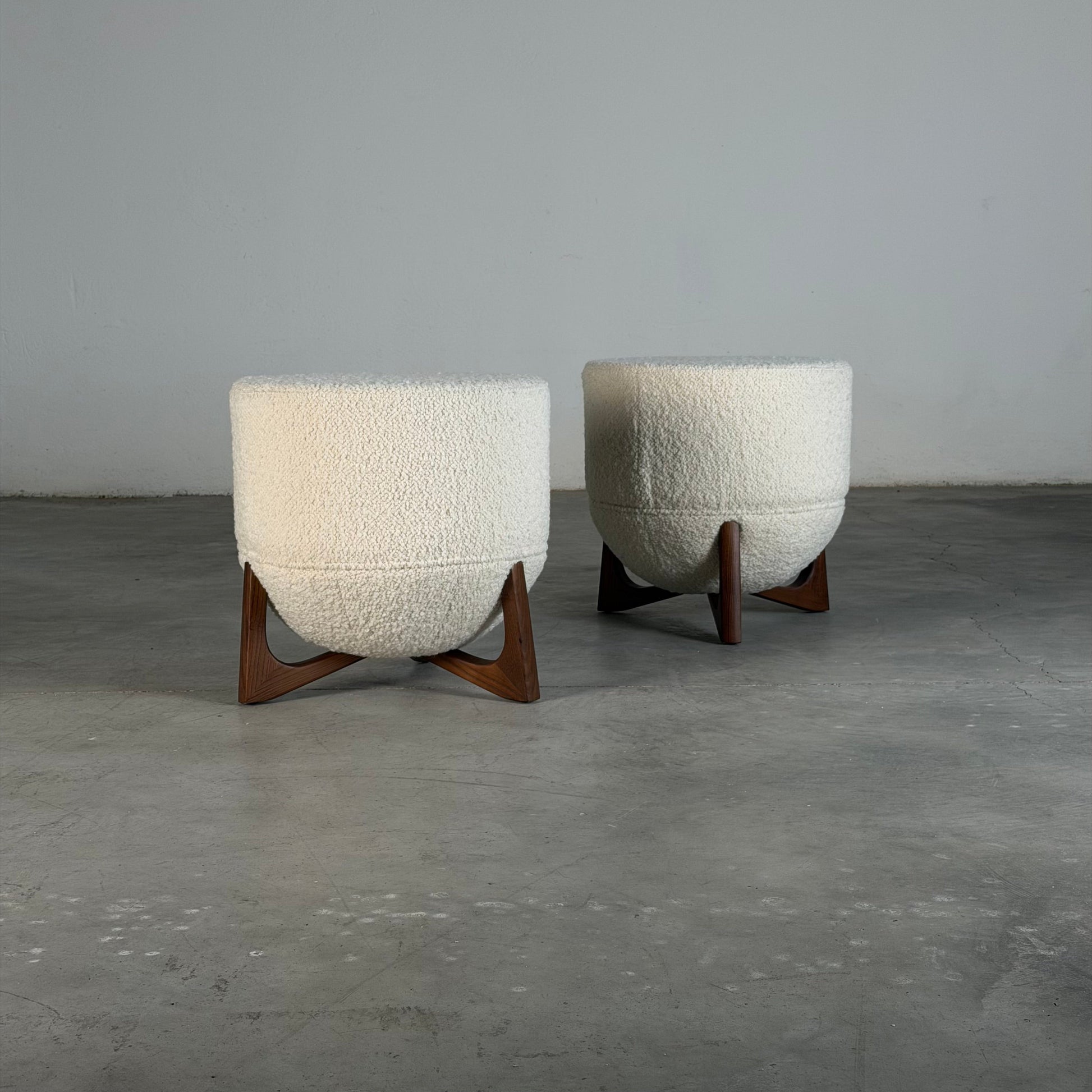 "TOTEMO" Architectural Stools by FORME in Ivory Dedar Milano Boucle, Walnut Legs Stools
