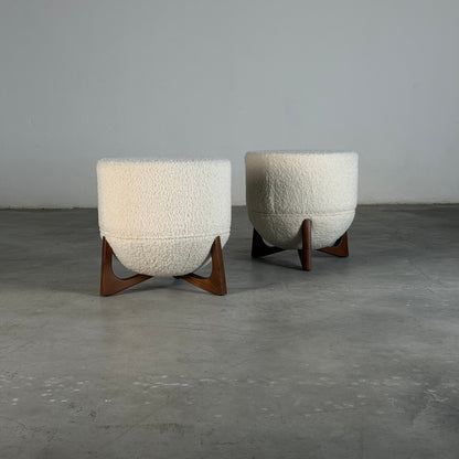 "TOTEMO" Architectural Stools by FORME in Ivory Dedar Milano Boucle, Walnut Legs Stools