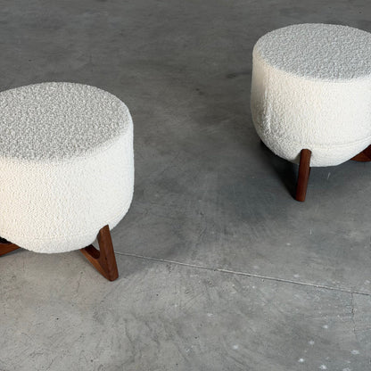 "TOTEMO" Architectural Stools by FORME in Ivory Dedar Milano Boucle, Walnut Legs Stools