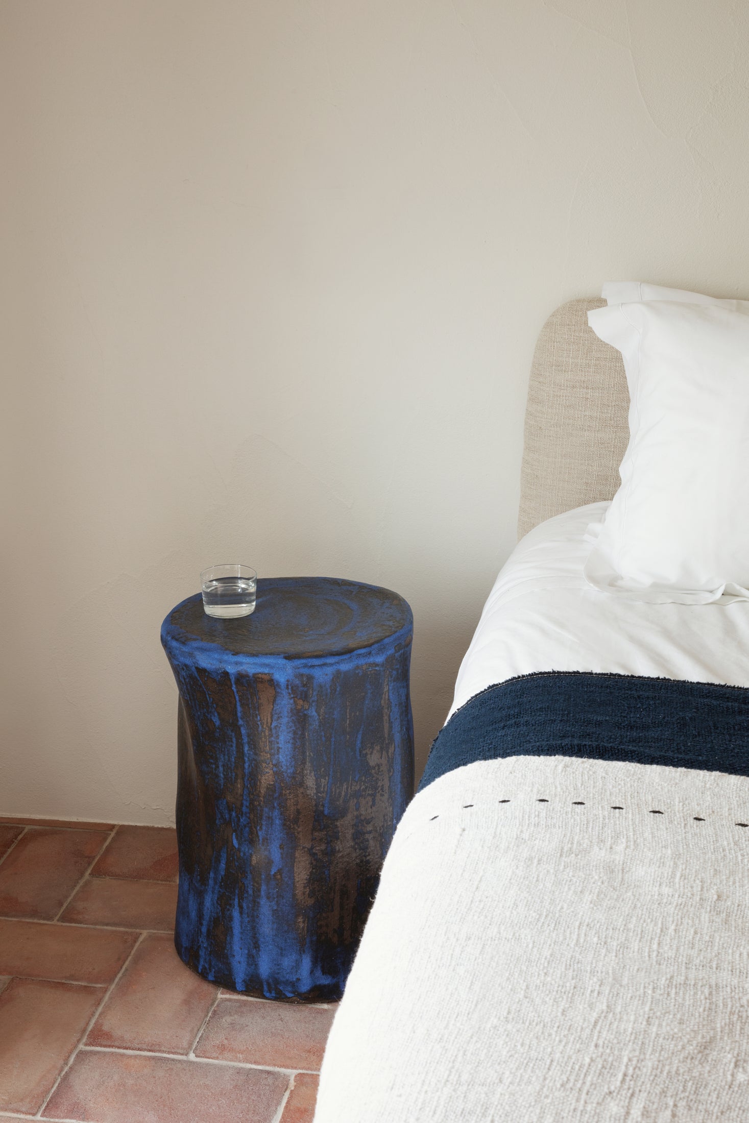 Tall Ceramic Side Table in Brushed Cobalt on Black End Tables