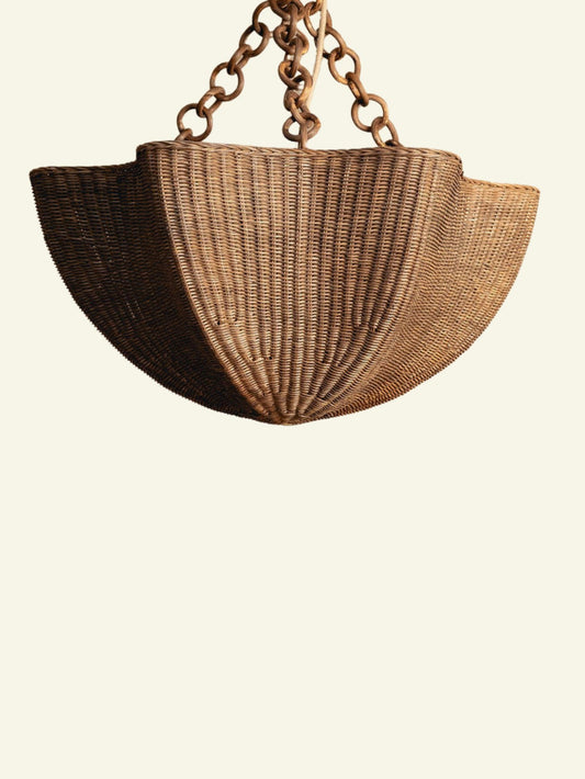Tallulah Rattan Pendant Shade, Teak, front view on a plain ground, hanging from its rattan chain
