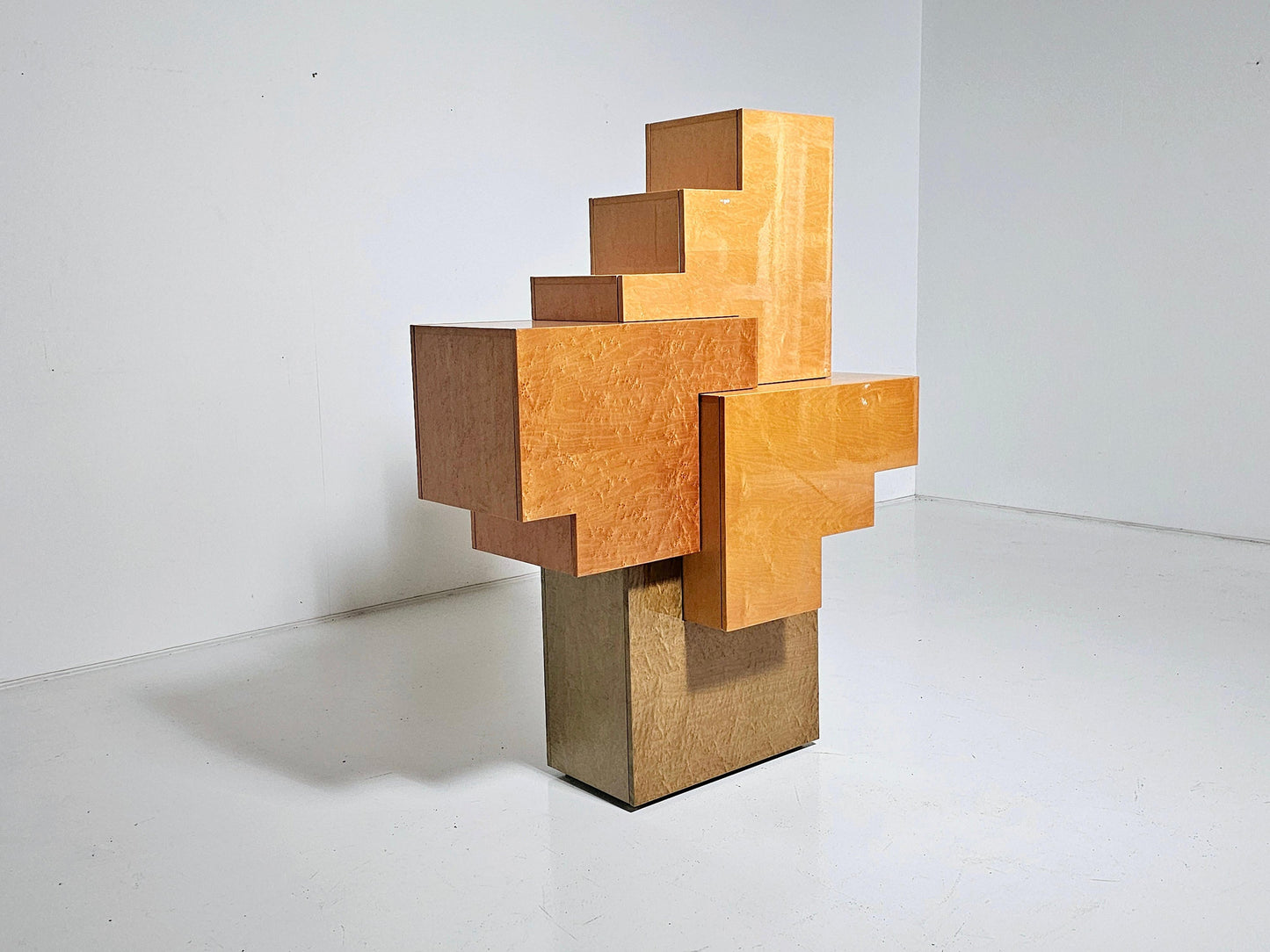 Unique Burlwood Sculptural Cubist Cabinet, Italy, 1990s Cabinets