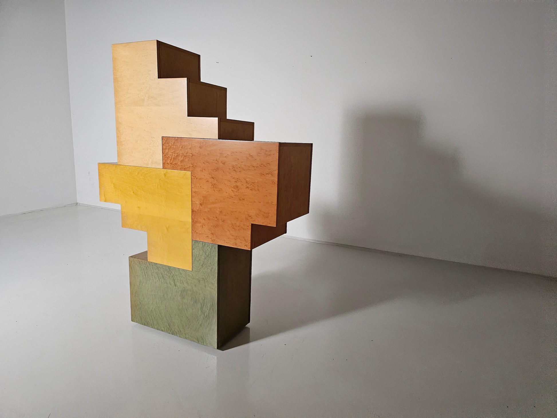 Unique Burlwood Sculptural Cubist Cabinet, Italy, 1990s Cabinets