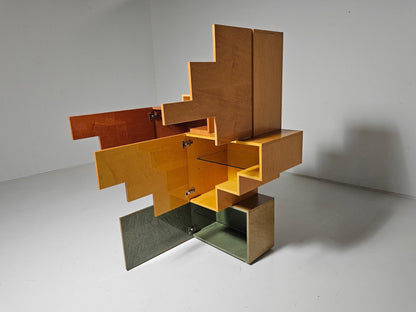 Unique Burlwood Sculptural Cubist Cabinet, Italy, 1990s Cabinets