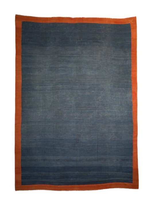 Vintage Dhurrie Rug in Blue with Solid Rust Border from Rug & Kilim Rugs
