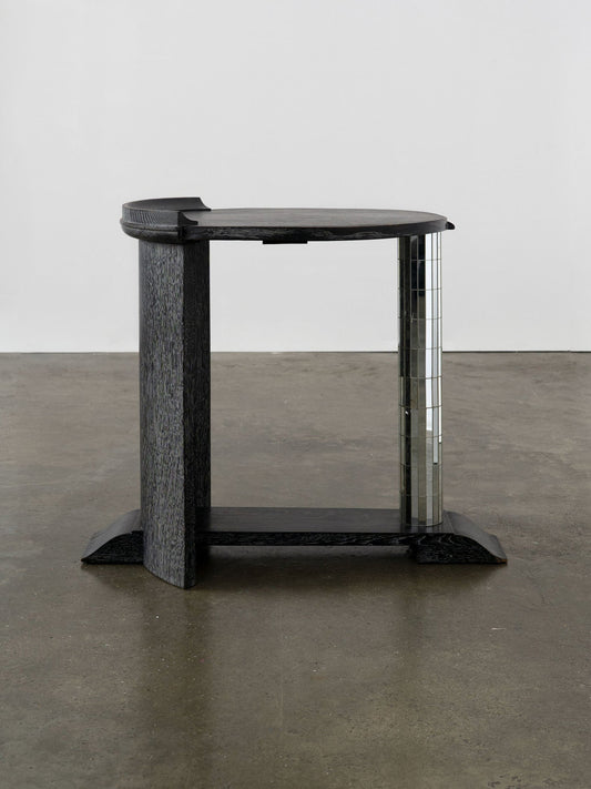 Vintage Ebonised Oak and Mirror Mosaic Pedestal Table End Tables