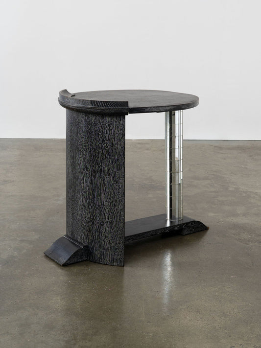 Vintage Ebonised Oak and Mirror Mosaic Pedestal Table End Tables