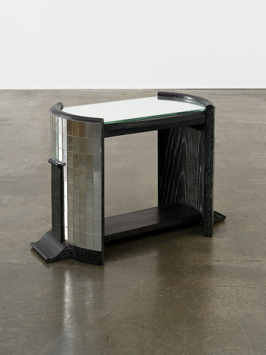 Vintage Ebonised Oak and Mirror Mosaic Side Table End Tables