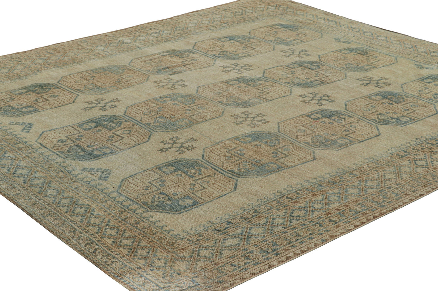 Vintage Ersari 8x9 Rug in Beige-Brown and Teal Geometric Patterns from Rug & Kilim Rugs