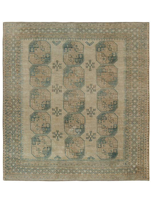 Vintage Ersari 8x9 Rug in Beige-Brown and Teal Geometric Patterns from Rug & Kilim Rugs