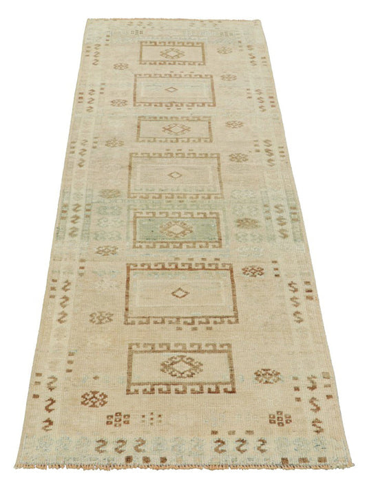 Vintage Turkish Runner Rug with Beige-Brown Geometric Patterns - Rug & Kilim Rugs