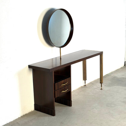 Italian Walnut Vanity Console with Round Mirror, Attributed to Paolo Buffa, 1950s Consoles
