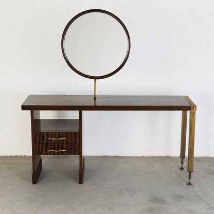 Italian Walnut Vanity Console with Round Mirror, Attributed to Paolo Buffa, 1950s Consoles