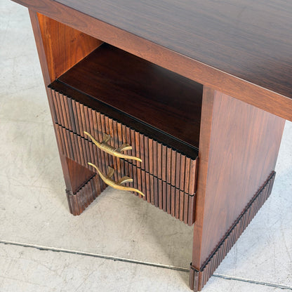 Italian Walnut Vanity Console with Round Mirror, Attributed to Paolo Buffa, 1950s Consoles