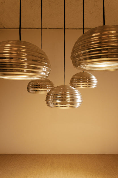 Achille Castiglioni Splugen Brau pendant lights, nearer view of the five pendants