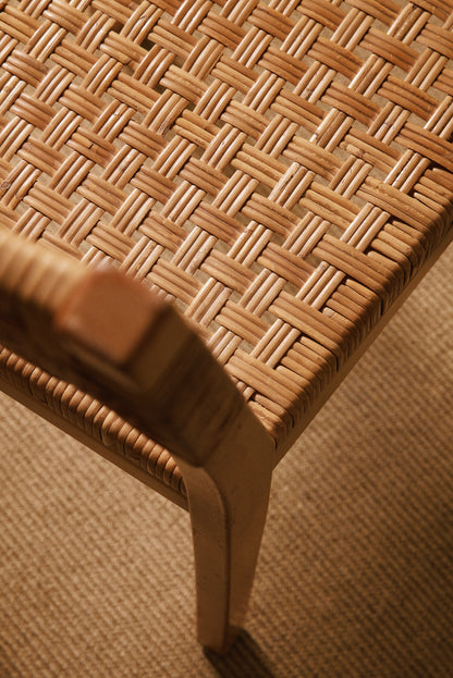 Aino Aalto birch and woven rattan 615 chairs, close view of the woven seat and front leg