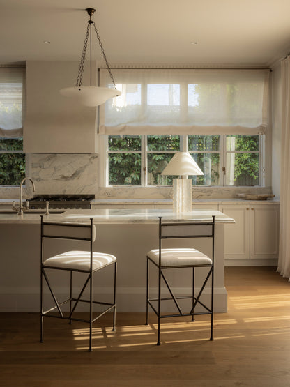 Aspen Counter Stool in Neige with Marquis lamp by Rachel Donath