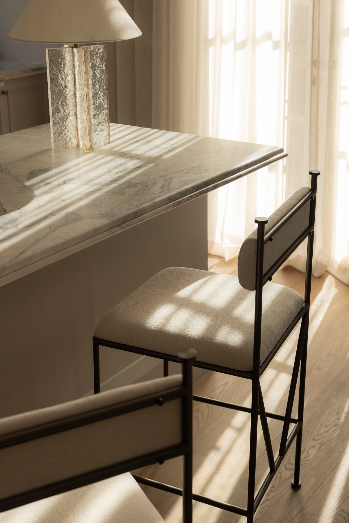 Aspen Counter Stool in Neige with Marquis lamp by Rachel Donath