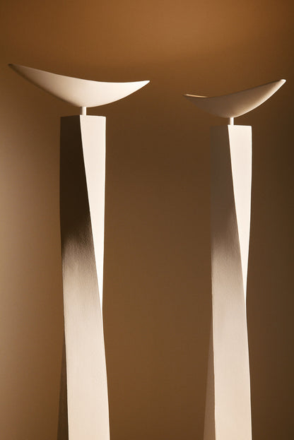 Alexander plaster floor lamp, closer view of two lamps from the dish to the column