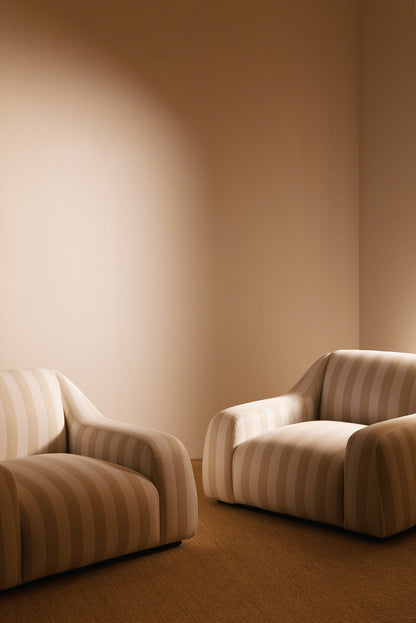 AS02 armchair in Jim Thomson Matelot Sea Shell fabric, two armchairs side by side