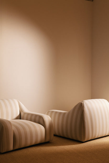 AS02 armchair in Jim Thomson Matelot Sea Shell fabric, two armchairs, one from the front and one from the back