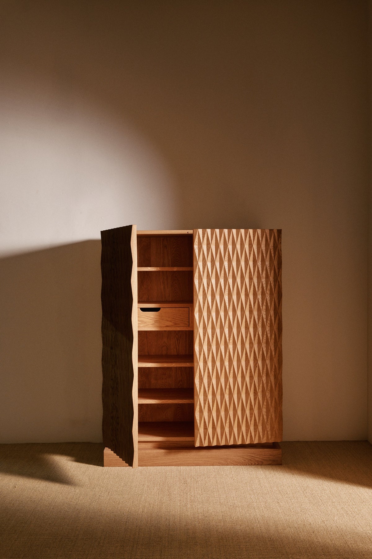 Cabinet 01 in solid oak, one door open showing the shelves and drawer