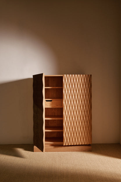 Cabinet 01 in solid oak, one door open showing the shelves and drawer
