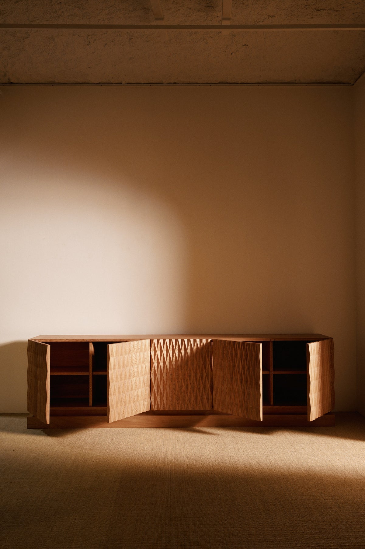 Sideboard 02 in solid oak, all doors open showing the interior