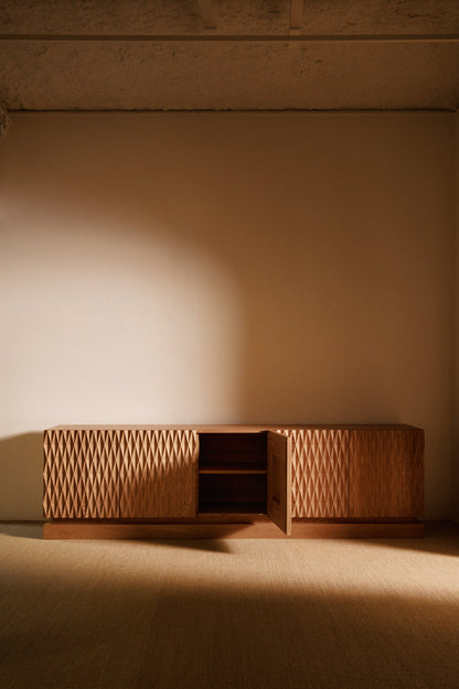 Sideboard 02 in solid oak, two doors open showing the shelves